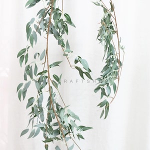May include: A long, green, artificial willow garland with branches and leaves. The garland is hanging from a wooden dowel.