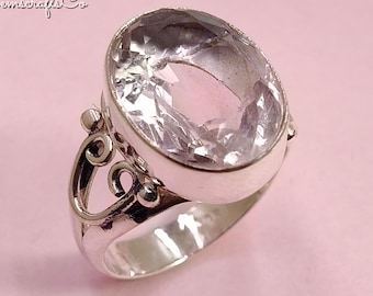 Oval Pink Morganite Ring: Sterling Silver Faceted Engagement Ring