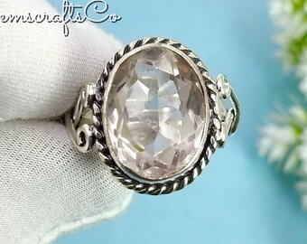 Oval Pink Morganite Ring: Sterling Silver Faceted Engagement Ring