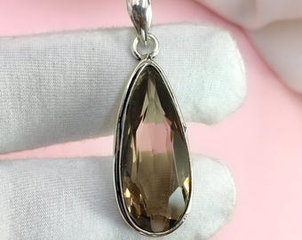 Natural Smoky Quartz Teardrop Pendant Necklace, Sterling Silver Faceted Gemstone Jewelry, Handmade Gift for Her, Designer Birthday Gift