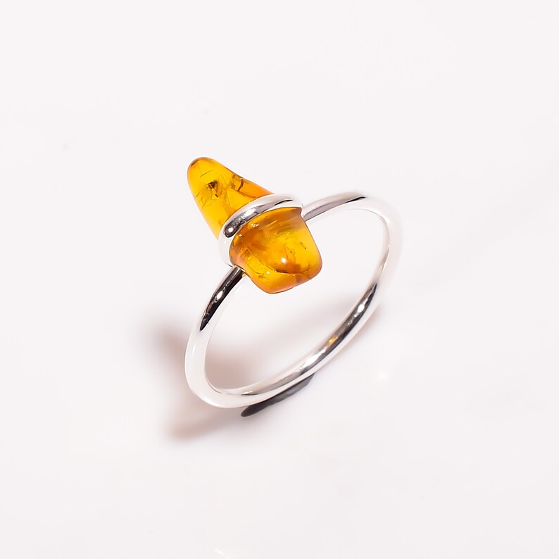 Lovely Fancy Shape Natural Amber Raw Gemstone 925 Sterling Silver Handcrafted Ring Size US 8