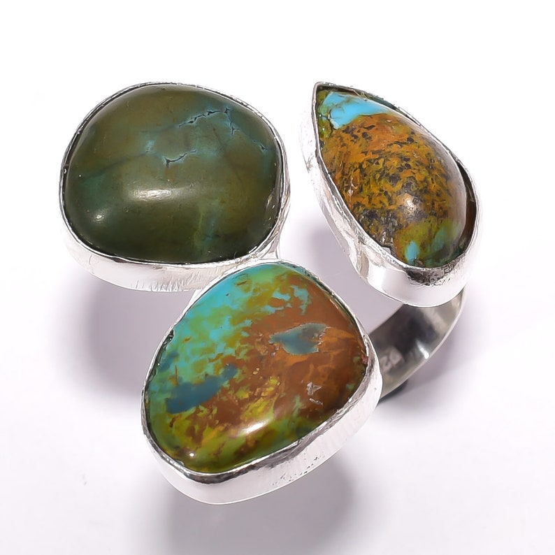 Impressive Fancy Shape Natural Raw Turquoise 925 Sterling Silver Rings Handmade Women Size US 7 Adjustable
