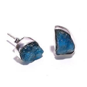 Raw Neon Apatite Stud Earrings: 925 Sterling Silver, Natural Crystal