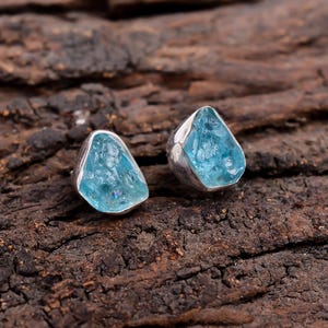 Raw Blue Apatite Sterling Silver Stud Earrings: Handmade Gemstone Jewelry
