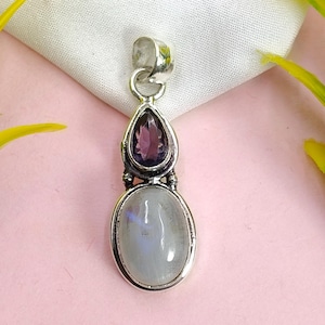 Rainbow Moonstone Pendant, Moonstone Silver Pendant, Oval Stone Pendant, 925 Sterling Silver Pendant, Gemstone Pendant, Amethyst Pendant