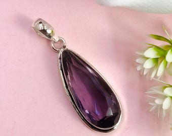 Natural Amethyst Pendant, Handmade Silver Pendant, 925 Sterling Silver Pendant, Teardrop Purple Amethyst Pendant, Anniversary Pendant