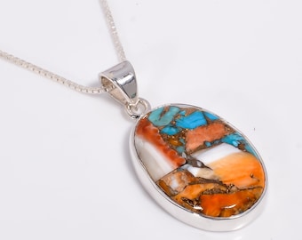 Spiny Copper Oyster Turquoise Pendant, Spiny Oyster Gemstone Necklace, 925 Sterling Silver Pendant, Ethnic Boho Jewelry, Gift for Her