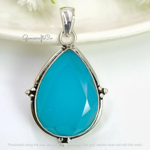Ketting met hanger van blauwe chalcedoon: sieraden van sterling zilver met edelsteen.