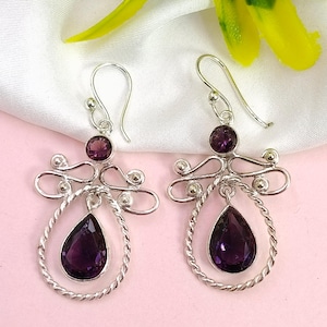 Natural Amethyst Earrings | 925 Sterling Silver | Handmade Jewelry | February Birthstone | Dangle Drope Amethyst Earrings | Gift For Her