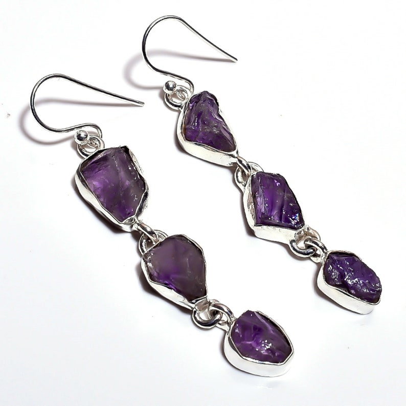 Amazing Fancy Shape Natural Raw Amethyst Gemstone 925 Sterling Silver Women Handcrafted Dangle Earrings