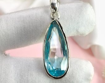 Aquamarine Teardrop Pendant Necklace, Sterling Silver Handmade March Birthstone Jewelry, Dainty Blue Gemstone Gift for Her