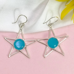 Blue Chalcedony Dangle Earrings, 925 Sterling Silver Earrings, Gemstone Earrings, Handmade Jewelry Gift for Her, Elegant Drop Earrings