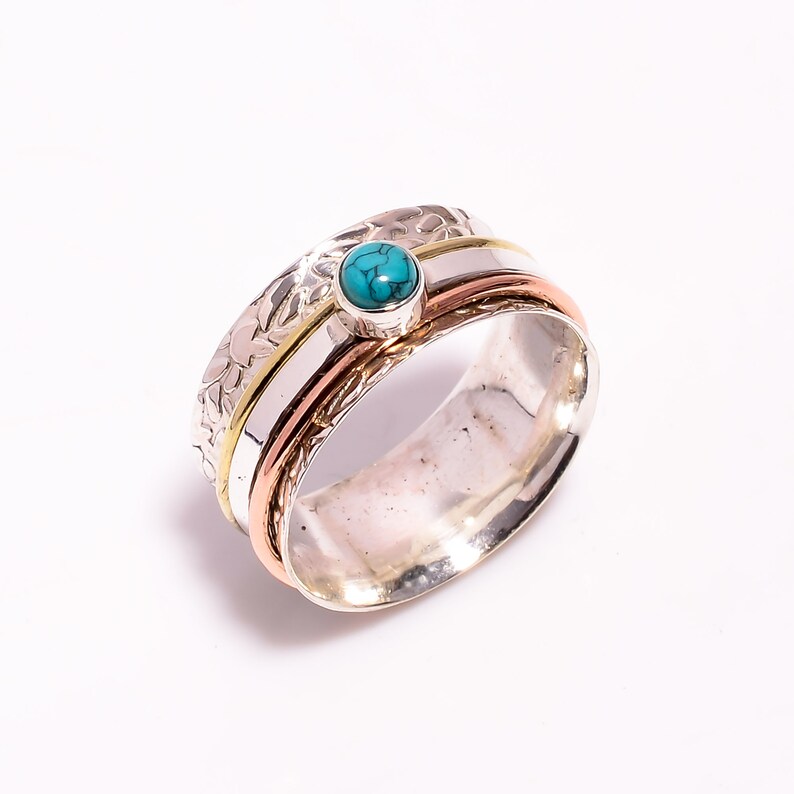 Wonderful Round Shape Natural Turquoise Gemstone 925 Sterling Silver Spinner Ring Texture Handcrafted Ring Wide Band