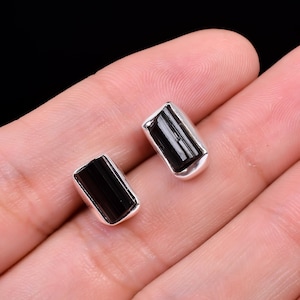 Raw Black Tourmaline Stud Earrings | Sterling Silver 925 Crystal Jewelry | Natural Healing Stone Earrings | Minimalist Gemstone Gift for Her