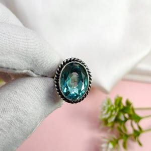 Aquamarine Ring, Silver Aquamarine Solitaire Ring, Engagement Ring, Engraved Aquamarine Birthstone Ring, 925 Sterling Silver Ring for Her