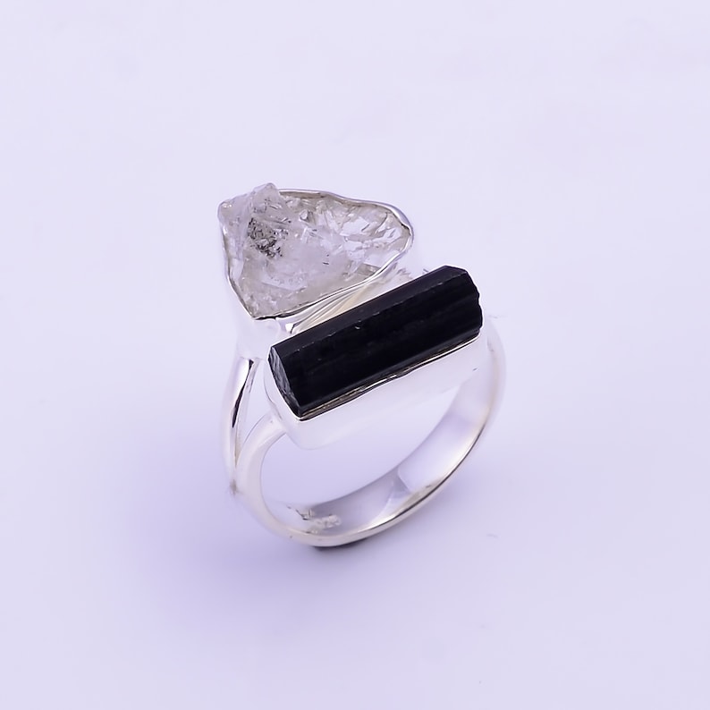 Good Looking Fancy Shape Natural Herkimer Diamond Black Tourmaline Raw Gemstone 925 Sterling Silver Rings Handmade Women Jewelry