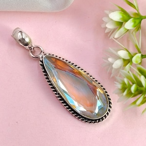 Mystic Topaz Pendant Necklace, Sterling Silver Handmade Vintage-Style Jewelry, Iridescent Gemstone Gift for Her, Wedding Gift Jewelry Idea