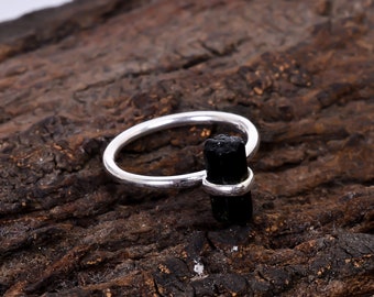 Genuine Fancy Shape Natural Raw Black Tourmaline Gemstone 925 Sterling Silver Adjustable Ring Handcrafted Women Jewelry