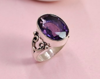 Sterling Silver Amethyst Ring: Faceted Oval, Boho Hippie Style