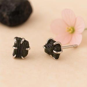 Raw Black Tourmaline Stud Earrings, Sterling Silver Crystal Studs, Natural Protection Stone Jewelry, Healing Gemstone Earrings, Gift for Her