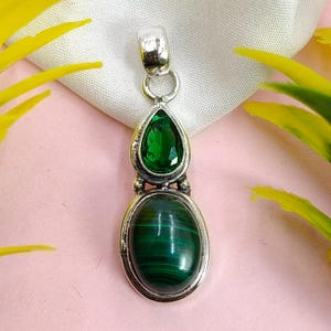 Malachite & Chrome Diopside Sterling Silver Pendant Necklace
