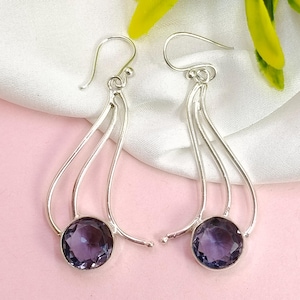 Amethyst Dangle Earrings, 925 Sterling Silver Earrings, February Birthstone Jewelry, Natural Amethyst Drop Earrings, Handmade Gift for Her