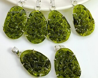 Sterling Silver Moldavite Pendant: Raw Czech Crystal Necklace