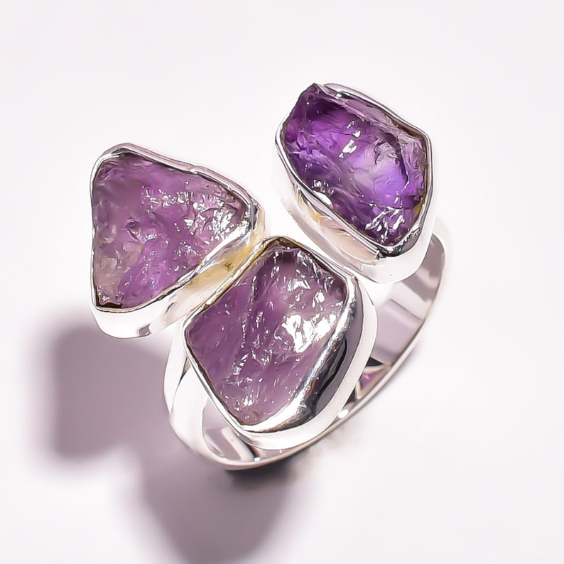 Natural Raw Gemstone Amethyst 925 Sterling Silver Handmade women Ring Size US 8.75 Adjustable