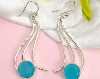 Aqua Chalcedony Dangle Earrings: Sterling Silver Gemstone Jewelry
