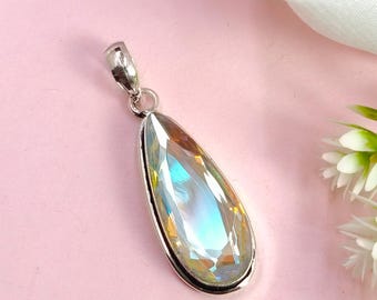 Mystic Topaz Pendant Necklace, Sterling Silver Iridescent Gemstone Jewelry, Handmade Vintage-Style Gift for Her, Wedding or Birthday Gift