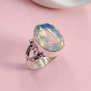 Opalite Ring 925 Sterling Silver • Milky White Opalite Gemstone Ring • Handmade Silver Ring Gift for Her • Boho Women&#39;s Jewelry