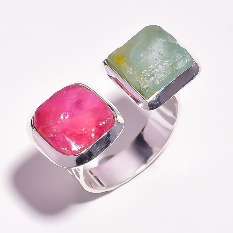 Unique Two Stone Natural Raw Aquamarine Ruby Fancy Shape 925 Sterling Silver Rings Handmade women Size US 9 Adjustable