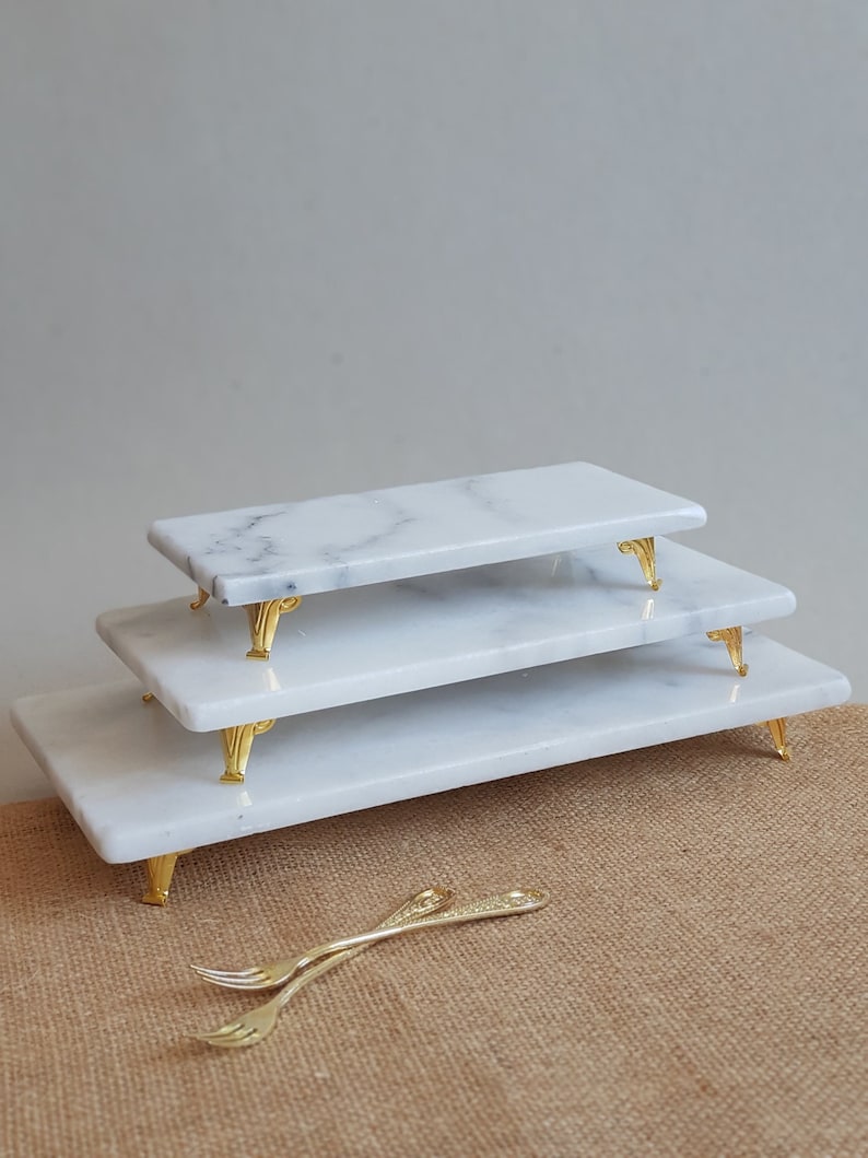 White Marble Stand Set of 3 Pieces Gold or Silver Color Etsy