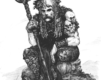 The Headtaker – Dark Fantasy Art Print | A4 | Warrior Illustration, Moon Staff, Mythic Battle Artwork