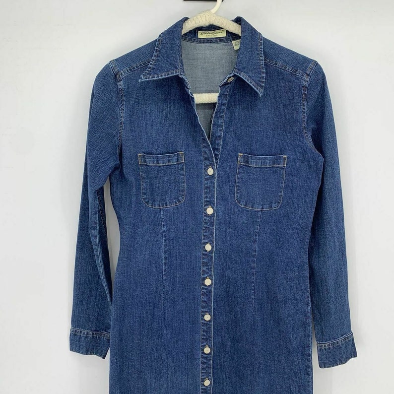 Vintage 80s Eddie Bauer Denim Jean Maxi Dress Womens Size S Prairie Button Front