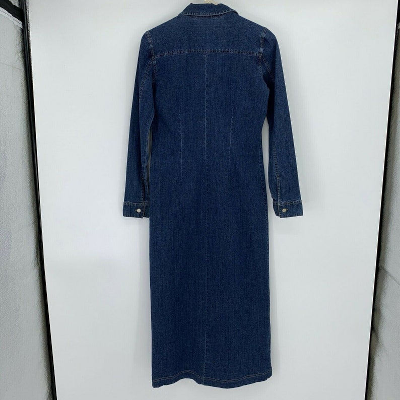 Vintage 80s Eddie Bauer Denim Jean Maxi Dress Womens Size S Prairie Button Front
