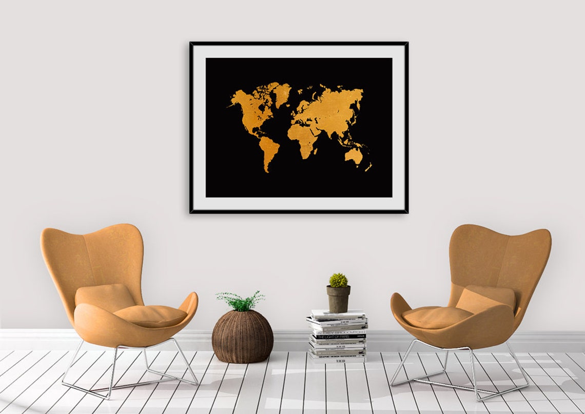 World map wall art world map gold printable digital art | Etsy
