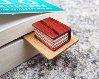 Handmade bookmark with mini wooden book, made from reclaimed oak and walnut or bubinga, gift for bookworm, unique gift for book lover