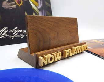 Wooden now playing vinyl record stand. Handmade from walnut and oak