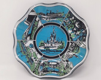Disney Graphics Smoked Glass Dish Mid Century Mod Retro Houze Art Glass Vintage 60s Walt Disney World Souvenir Magic Kingdom