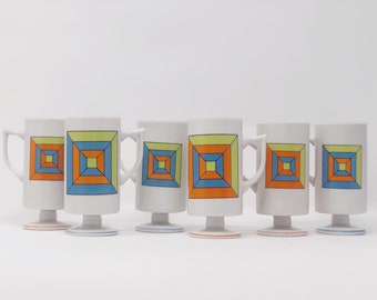 Vintage 1970's Ceramic Pedestal Espresso Mugs Set of 6 in Orange, Blue, and Green, Geometric Squares Pattern