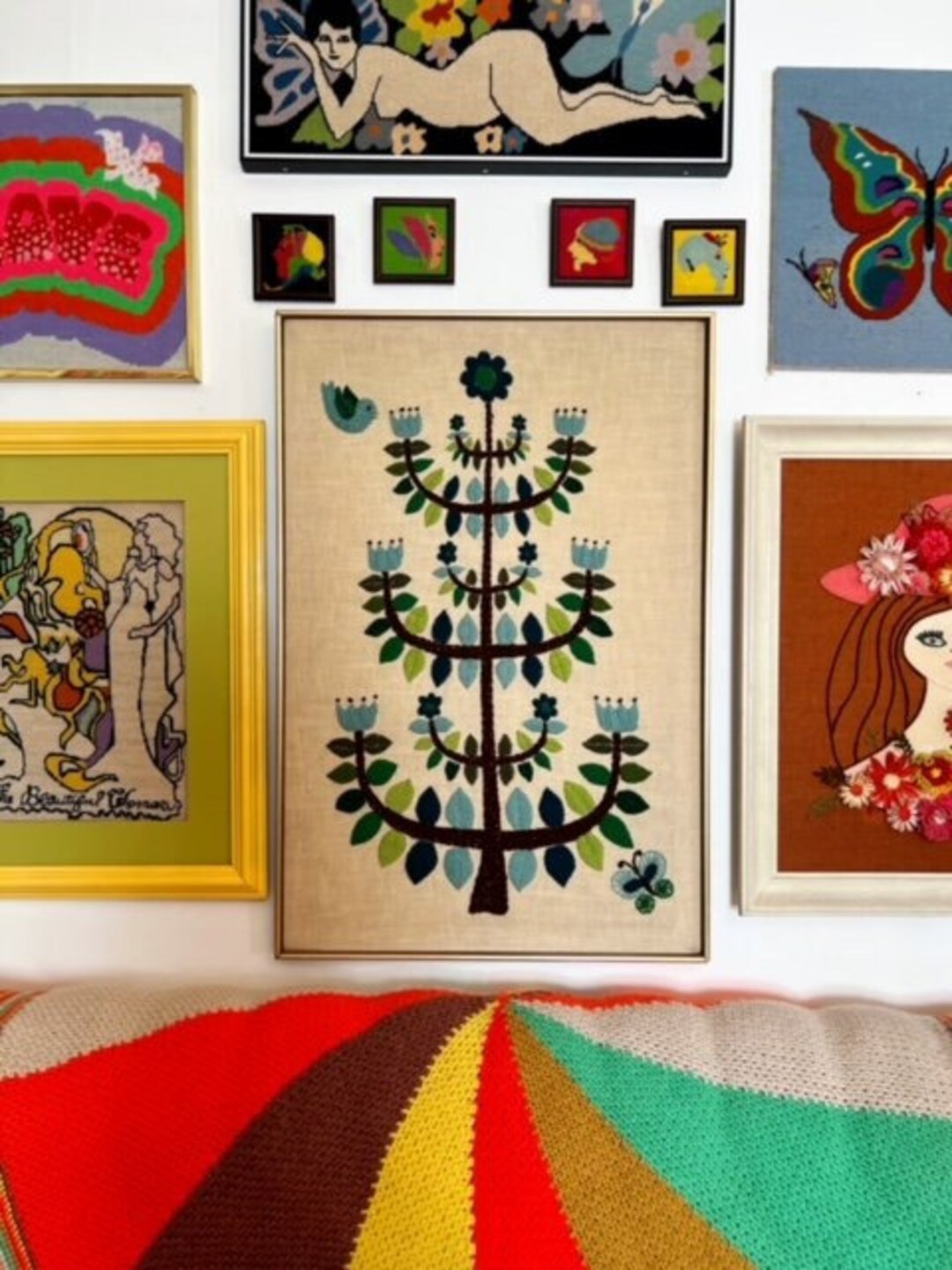 RESERVED Vintage HUGE Blue Tulip Tree of Life Crewel Etsy