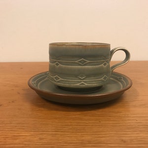 May include: A gray ceramic teacup and saucer set with a geometric pattern. The cup has a rounded handle and the saucer has a slightly raised edge.