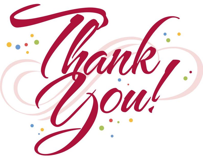May include: A white background with the words "Thank You!" in a bold, cursive, dark red font. The exclamation point is large. There are small colourful dots and swirls in the background.