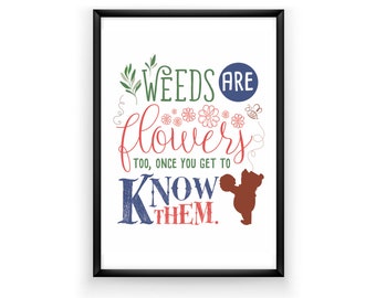 Winnie The Pooh Art Quote -Weeds Are Flowers Too Once You Get To Know Them - AA Milne Pooh Quotes Bumble Bee Postcard Wall Art Pooh Quotes