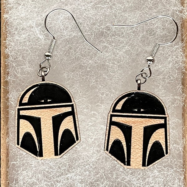 Mandalorian Helmet Earrings - Star Wars  - Stainless Steel - Drop Earrings - Solid Maple Wood - Hand Painted