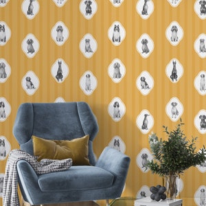 Carta da parati giallo senape con stampa di cani, carta da parati con animali rimovibile per decorazioni in stile cottage, decorazione murale con stampa di cani per salone di toelettatura