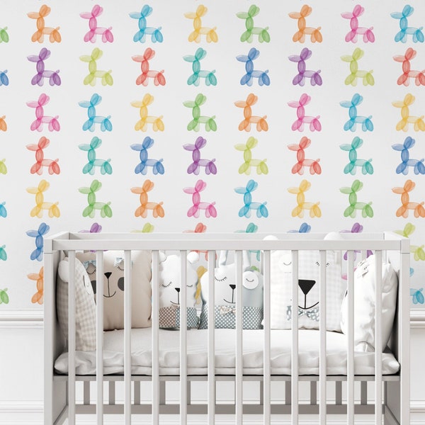 Colorful Wallpaper with Pretty Poodle for Baby Bedroom, Removable Wallpaper with Hot Air Balloon, Wall Decor with Animal for Kindergarten