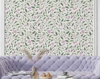 Renters Wallpaper Peel and Stick for Living Room, Sage Green Wallpaper Roll for Cottage Kitchen Decor, Purple Wildflower Wallpaper Removable