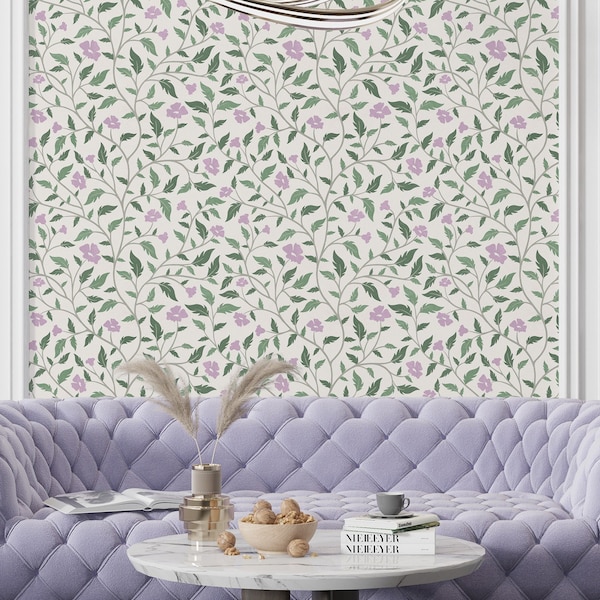 Renters Wallpaper Peel and Stick for Living Room, Sage Green Wallpaper Roll for Cottage Kitchen Decor, Purple Wildflower Wallpaper Removable